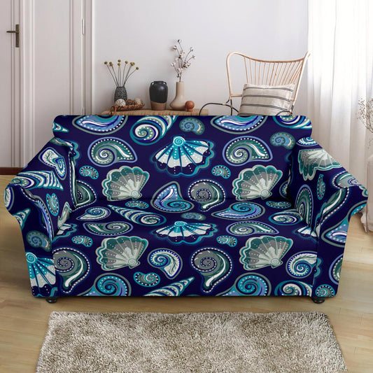 Beach Seashell Blue Print Loveseat Slipcover-JTAMIGO.COM