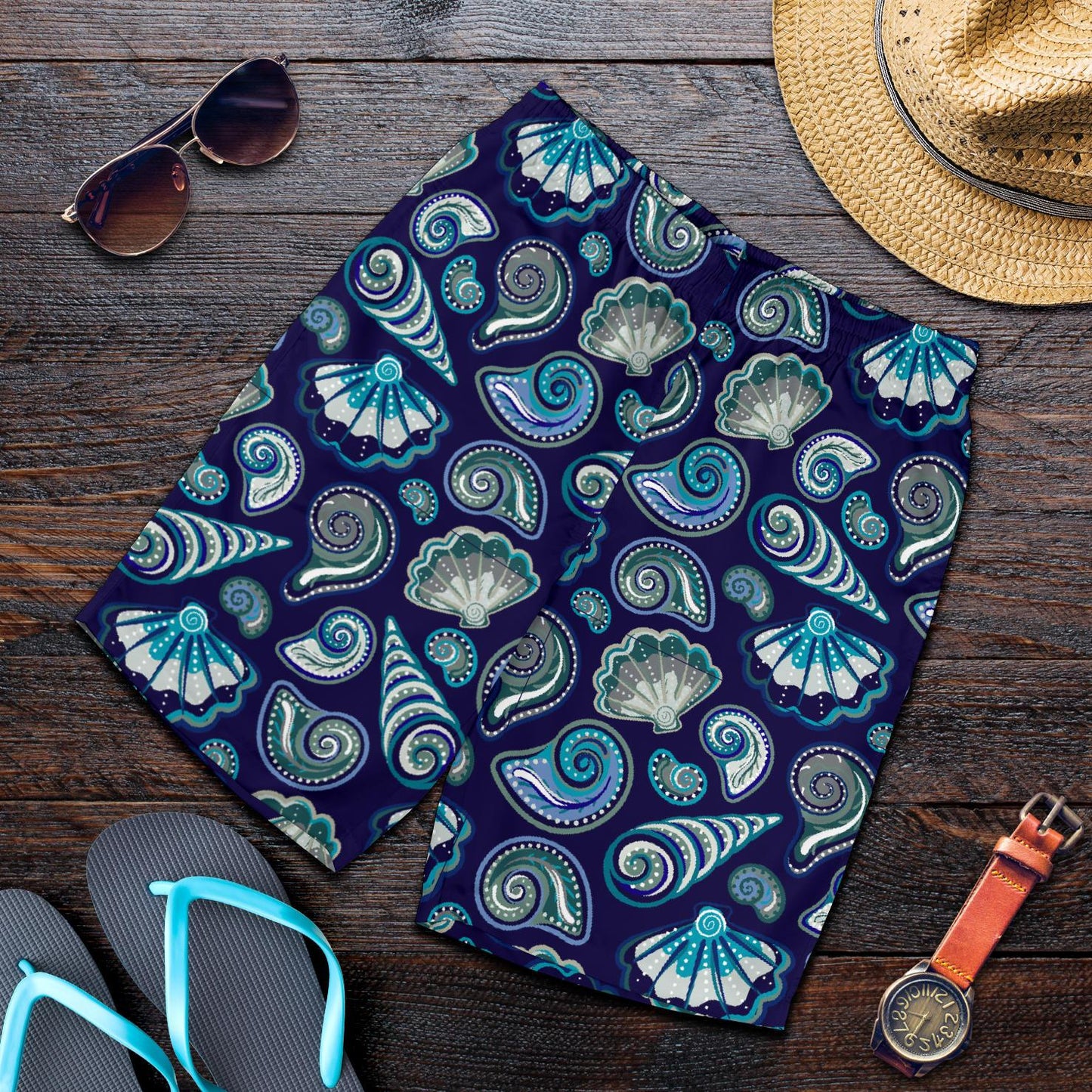 Beach Seashell Blue Print Mens Shorts-JTAMIGO.COM