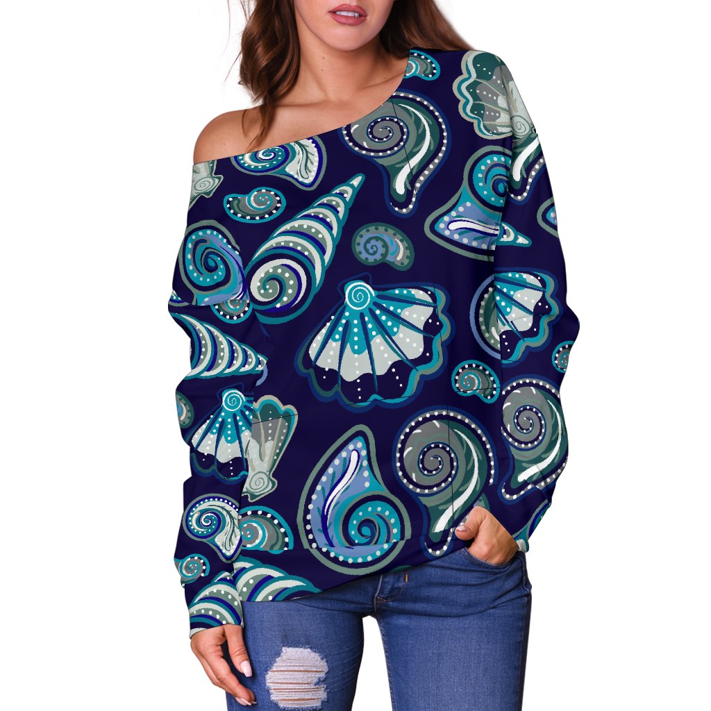 Beach Seashell Blue Print Off Shoulder Sweatshirt