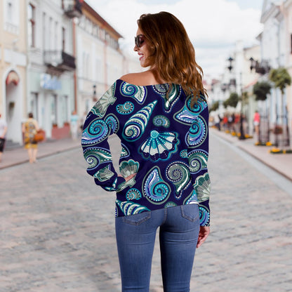 Beach Seashell Blue Print Off Shoulder Sweatshirt