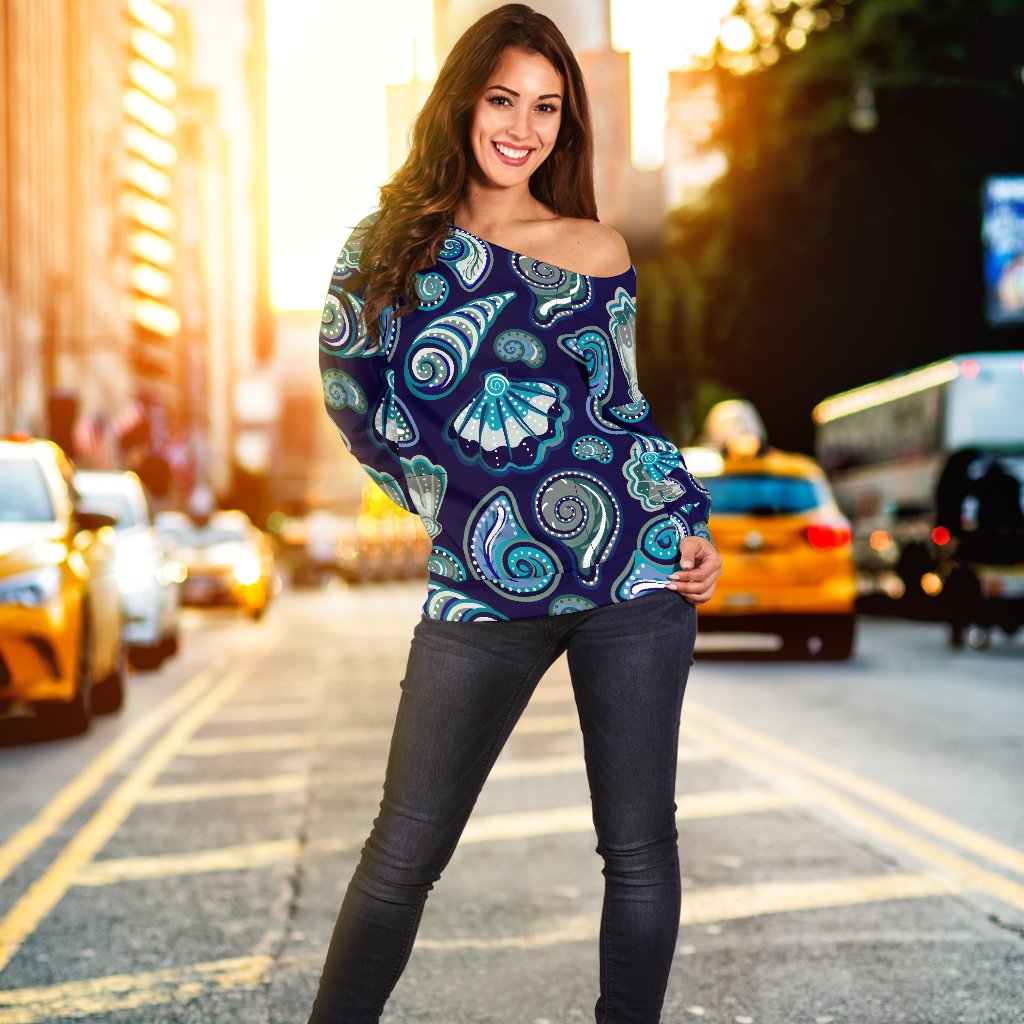 Beach Seashell Blue Print Off Shoulder Sweatshirt