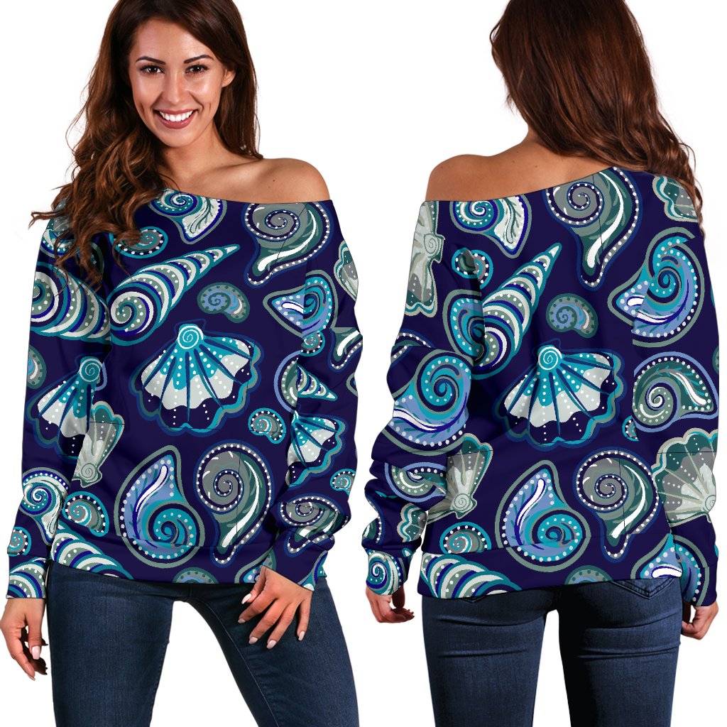 Beach Seashell Blue Print Off Shoulder Sweatshirt