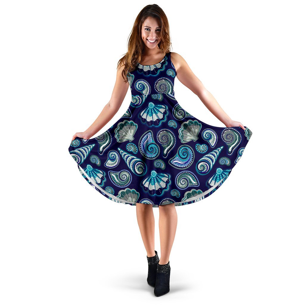 Beach Seashell Blue Print Sleeveless Dress