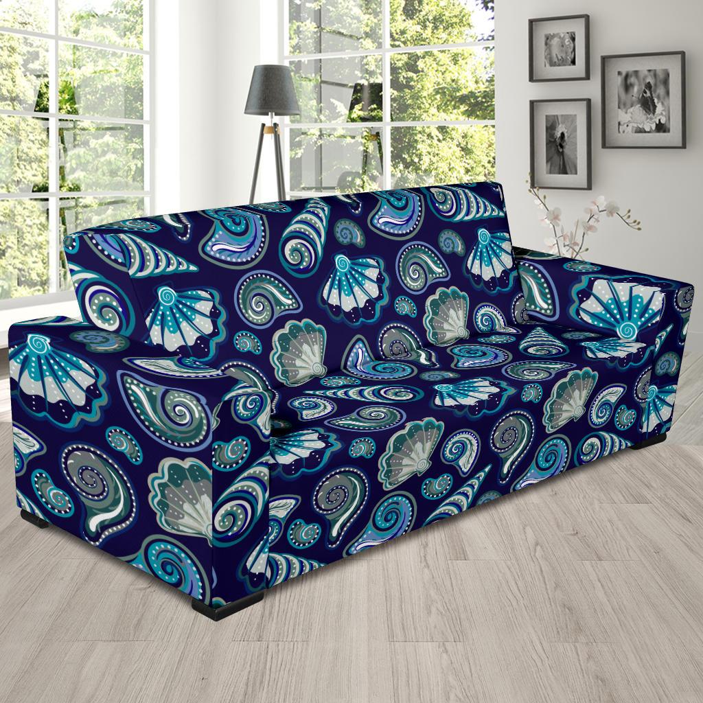 Beach Seashell Blue Print Sofa Slipcover-JTAMIGO.COM