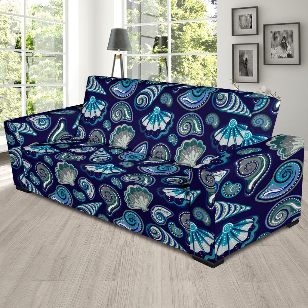 Beach Seashell Blue Print Sofa Slipcover-JTAMIGO.COM