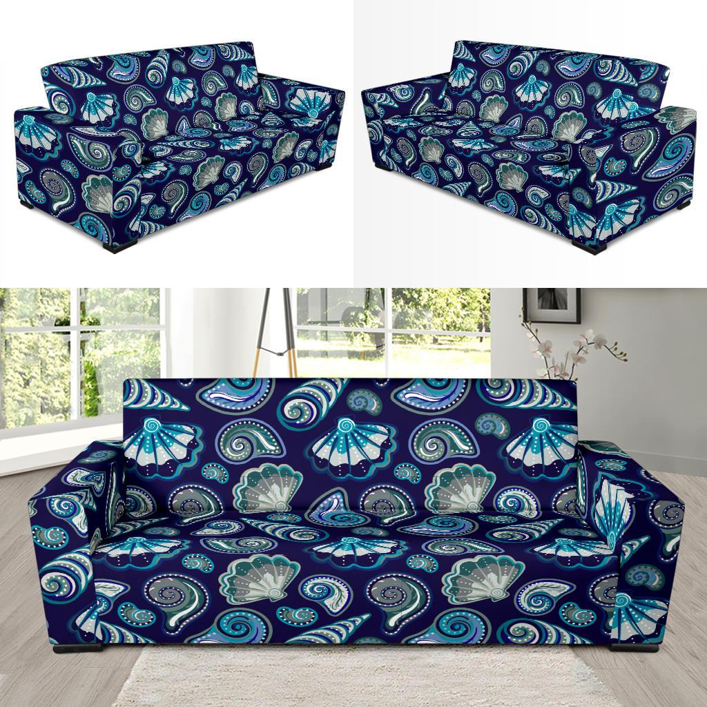 Beach Seashell Blue Print Sofa Slipcover-JTAMIGO.COM