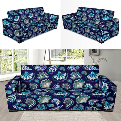 Beach Seashell Blue Print Sofa Slipcover-JTAMIGO.COM