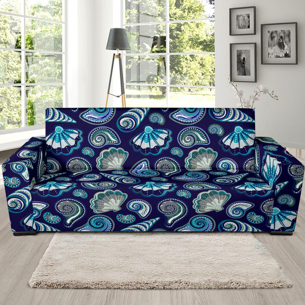 Beach Seashell Blue Print Sofa Slipcover-JTAMIGO.COM