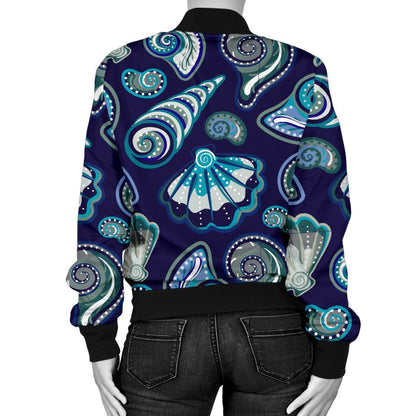 Beach Seashell Blue Print Women Casual Bomber Jacket