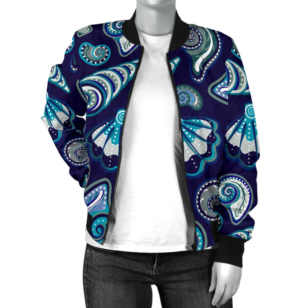 Beach Seashell Blue Print Women Casual Bomber Jacket