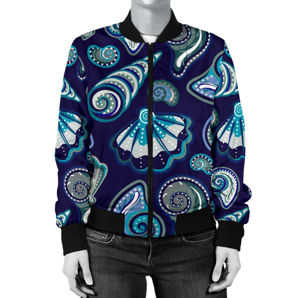Beach Seashell Blue Print Women Casual Bomber Jacket