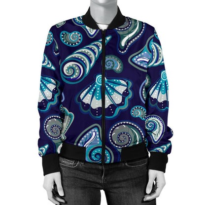 Beach Seashell Blue Print Women Casual Bomber Jacket