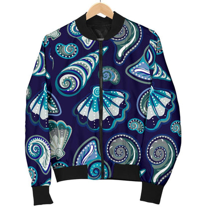 Beach Seashell Blue Print Women Casual Bomber Jacket