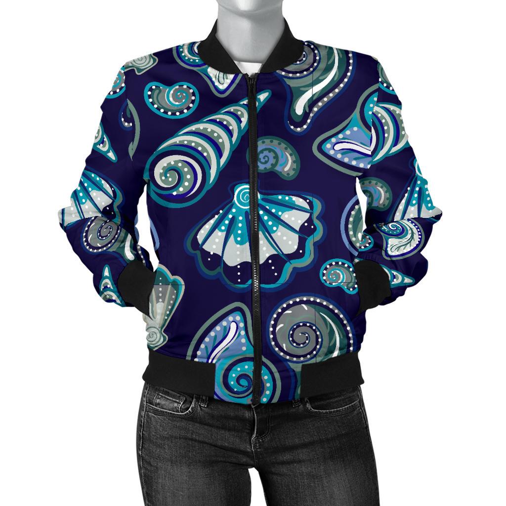 Beach Seashell Blue Print Women Casual Bomber Jacket
