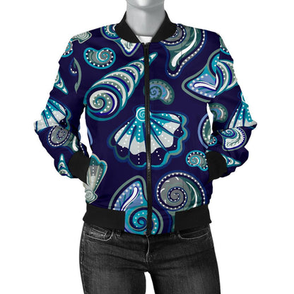 Beach Seashell Blue Print Women Casual Bomber Jacket