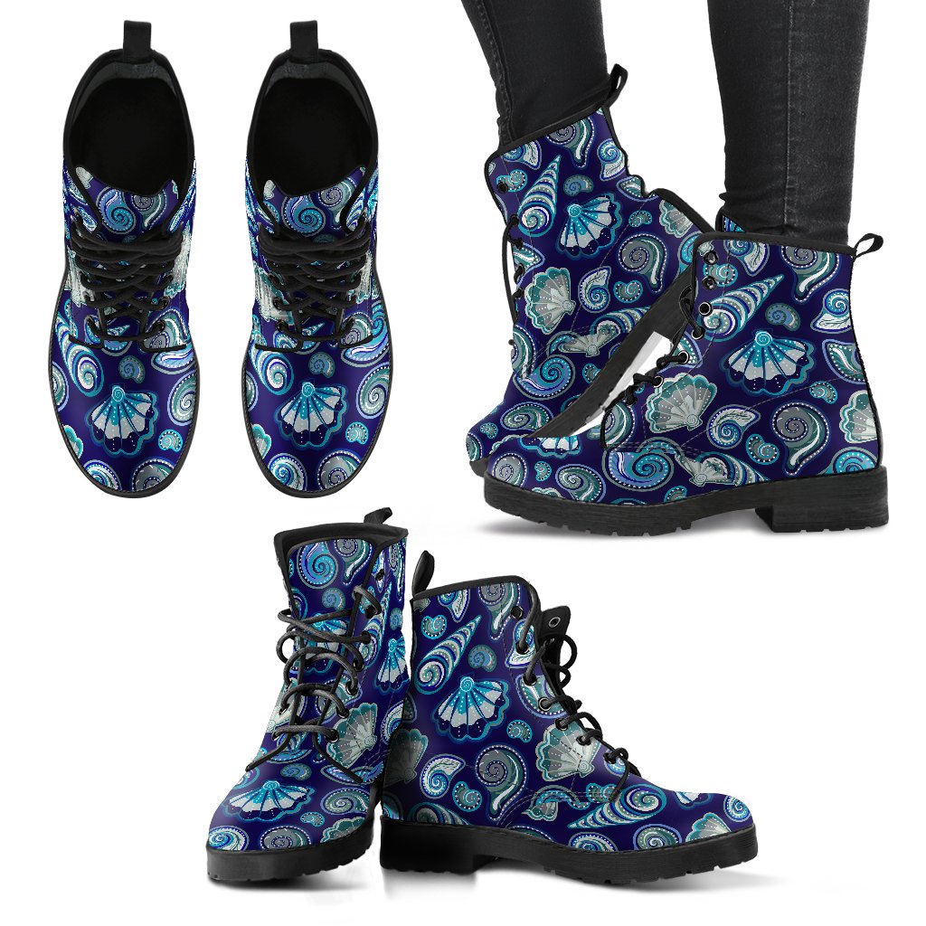 Beach Seashell Blue Print Women Leather Boots-JTAMIGO.COM