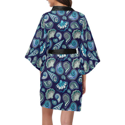 Beach Seashell Blue Print Women Short Kimono Robe