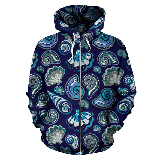 Beach Seashell Blue Print Zip Up Hoodie