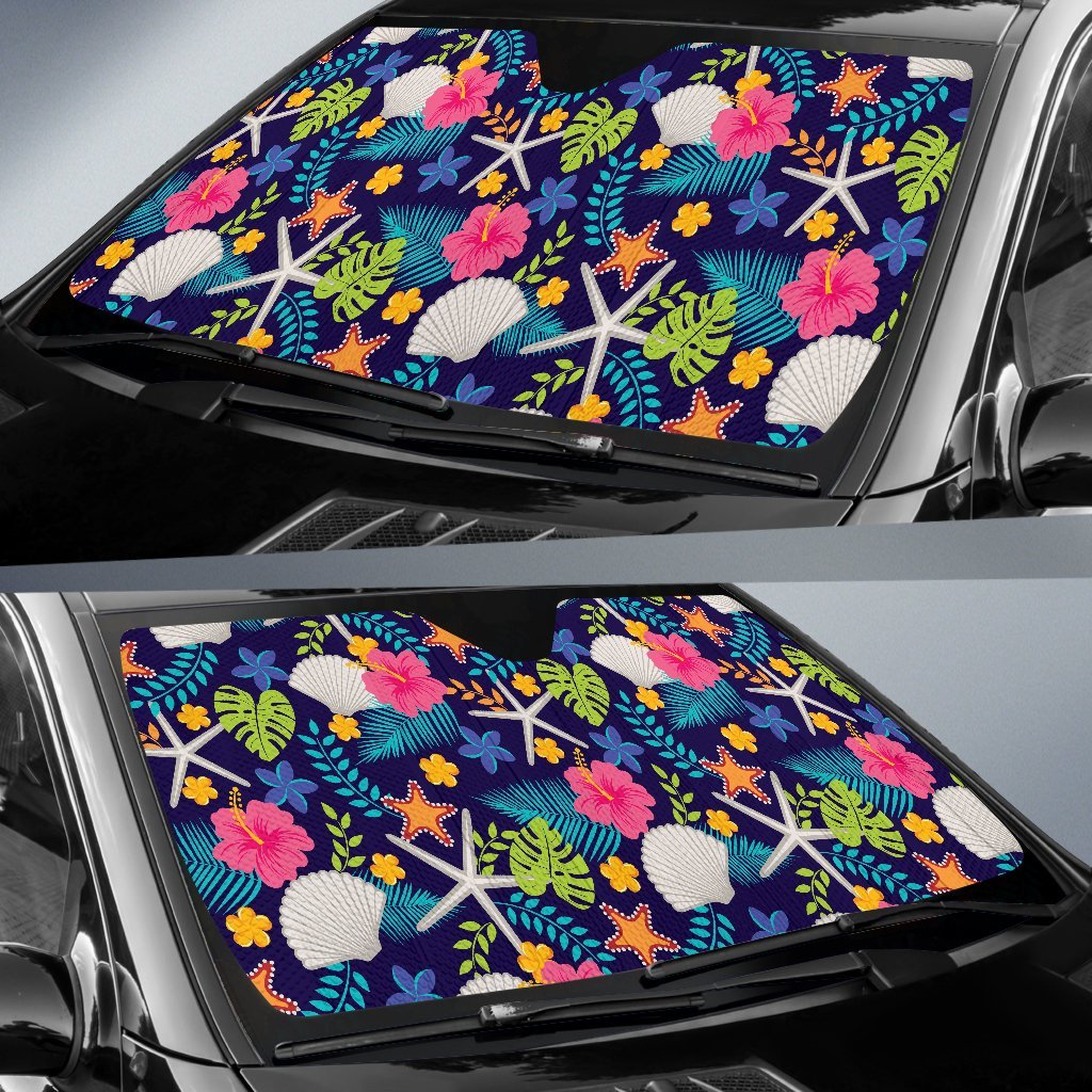 Beach Seashell Floral Theme Car Sun Shade For Windshield