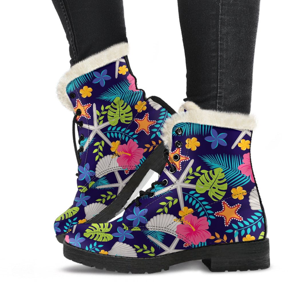 Beach Seashell Floral Theme Faux Fur Leather Boots-JTAMIGO.COM