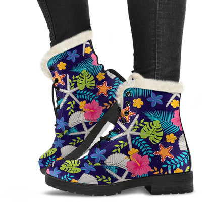 Beach Seashell Floral Theme Faux Fur Leather Boots-JTAMIGO.COM