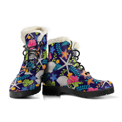 Beach Seashell Floral Theme Faux Fur Leather Boots-JTAMIGO.COM