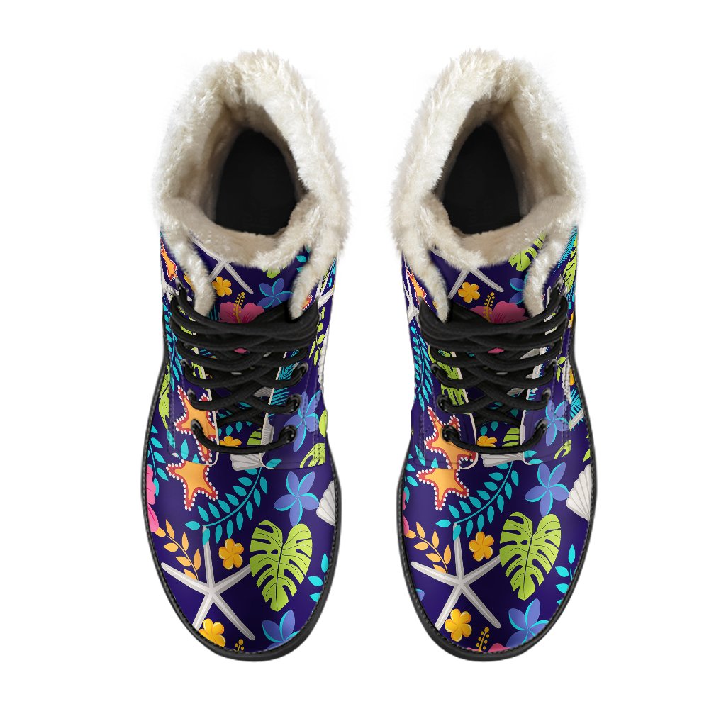 Beach Seashell Floral Theme Faux Fur Leather Boots-JTAMIGO.COM