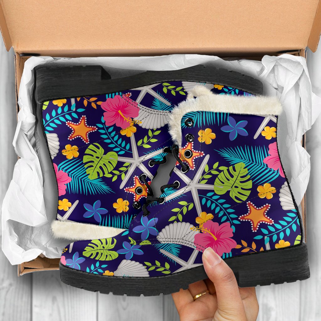 Beach Seashell Floral Theme Faux Fur Leather Boots-JTAMIGO.COM