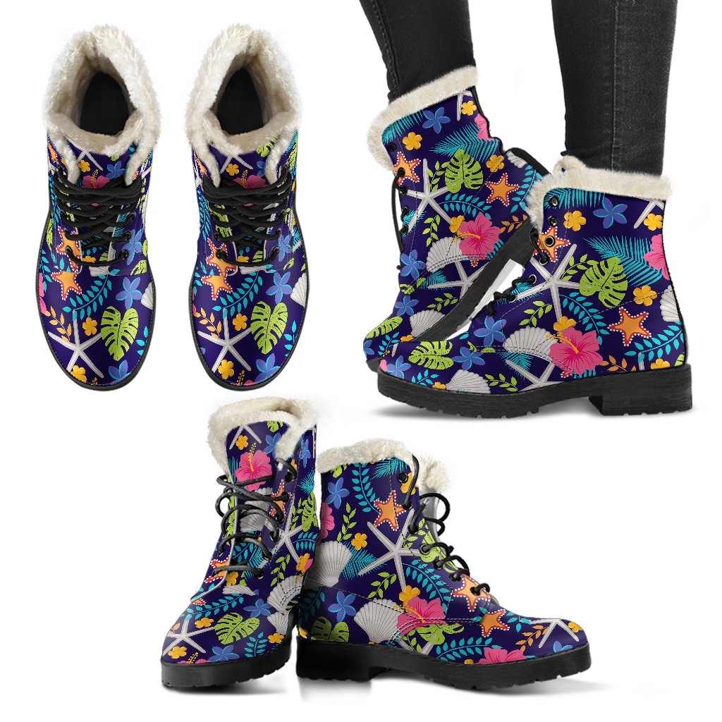 Beach Seashell Floral Theme Faux Fur Leather Boots-JTAMIGO.COM