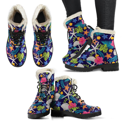Beach Seashell Floral Theme Faux Fur Leather Boots-JTAMIGO.COM