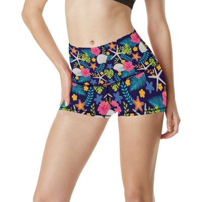 Beach Seashell Floral Theme High Waisted Spandex Shorts-JTAMIGO.COM