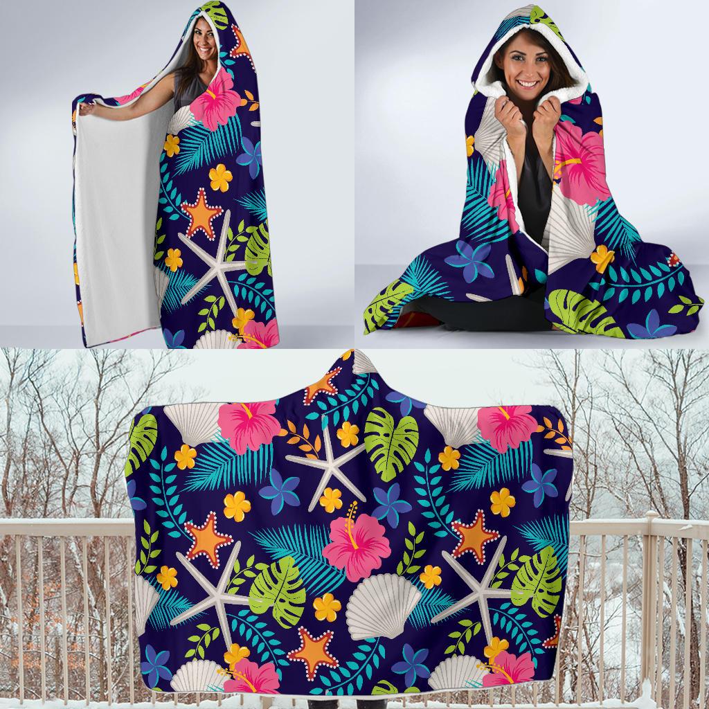 Beach Seashell Floral Theme Hooded Blanket-JTAMIGO.COM