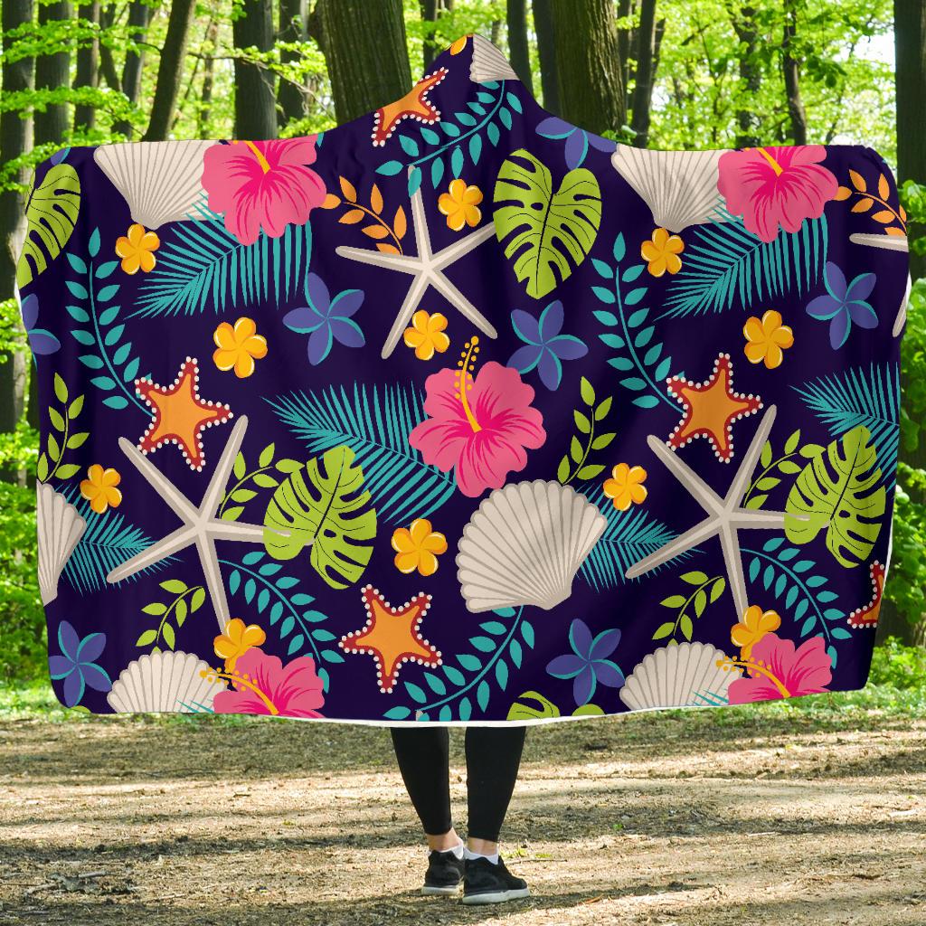 Beach Seashell Floral Theme Hooded Blanket-JTAMIGO.COM