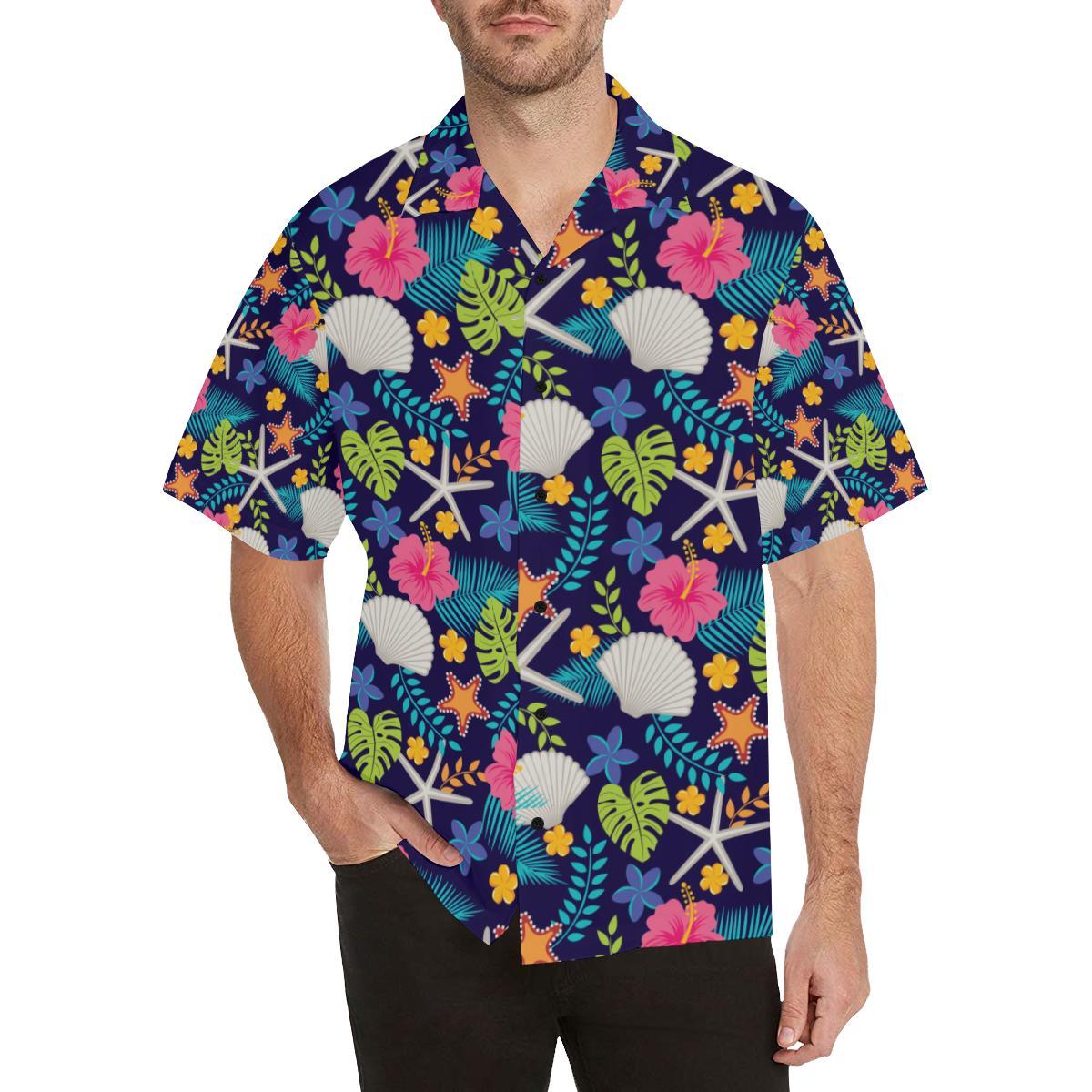 Beach Seashell Floral Theme Men Aloha Hawaiian Shirt
