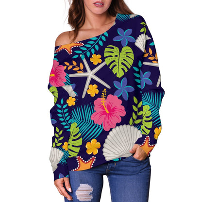 Beach Seashell Floral Theme Off Shoulder Sweatshirt