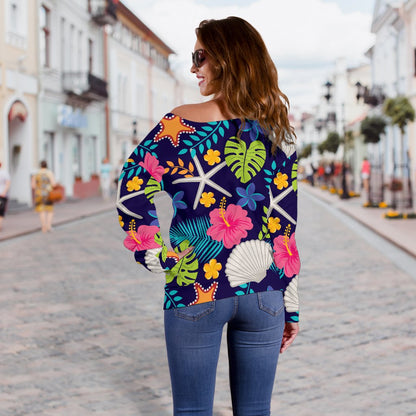 Beach Seashell Floral Theme Off Shoulder Sweatshirt