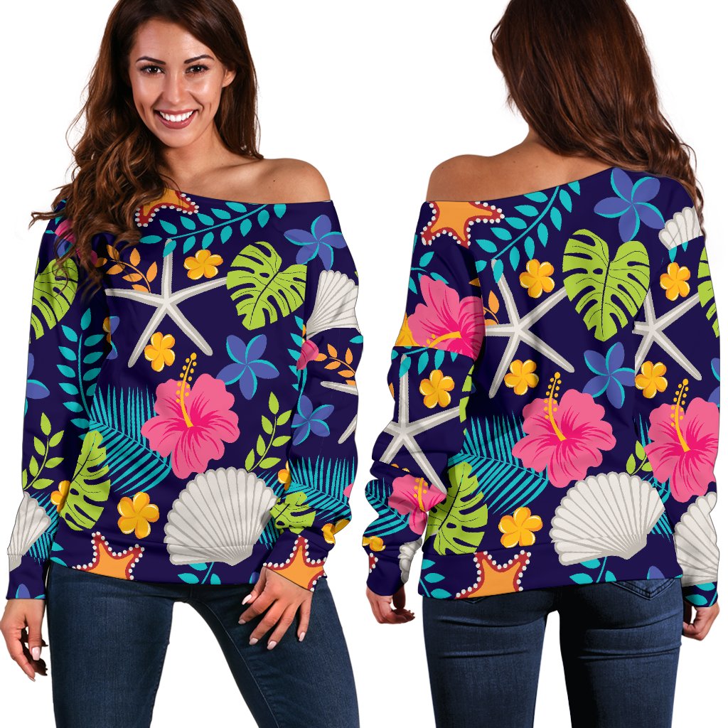 Beach Seashell Floral Theme Off Shoulder Sweatshirt