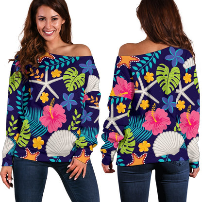 Beach Seashell Floral Theme Off Shoulder Sweatshirt