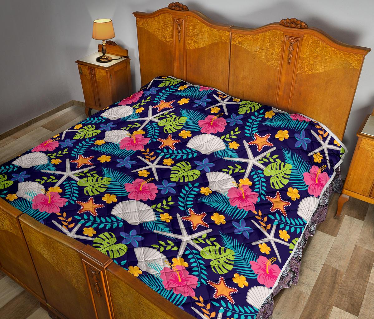Beach Seashell Floral Theme Premium Quilt-JTAMIGO.COM