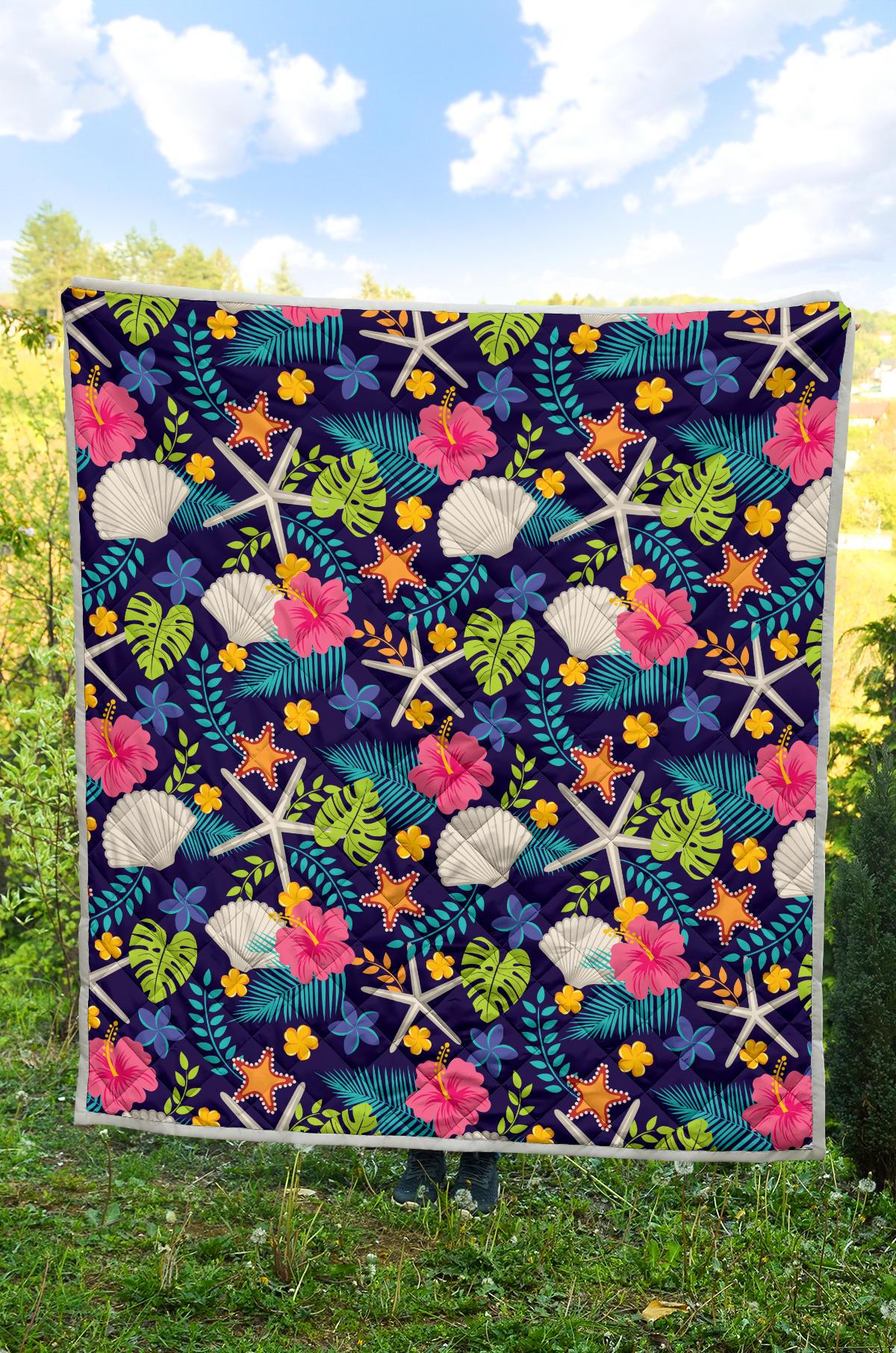 Beach Seashell Floral Theme Premium Quilt-JTAMIGO.COM