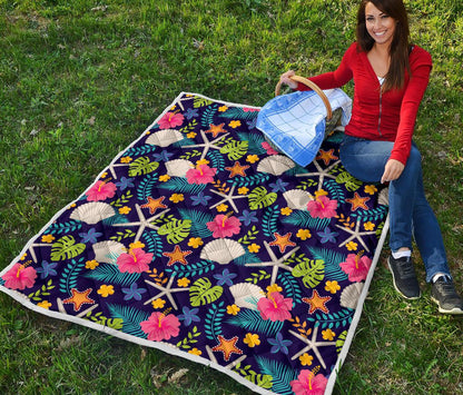 Beach Seashell Floral Theme Premium Quilt-JTAMIGO.COM