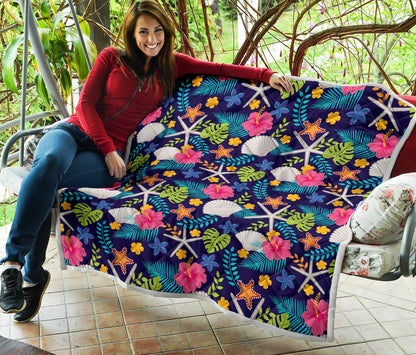Beach Seashell Floral Theme Premium Quilt-JTAMIGO.COM
