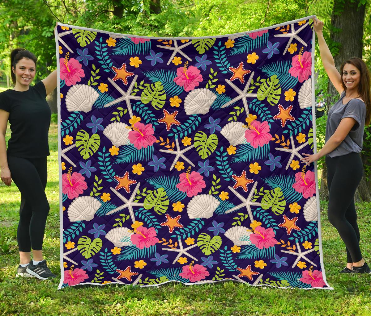 Beach Seashell Floral Theme Premium Quilt-JTAMIGO.COM