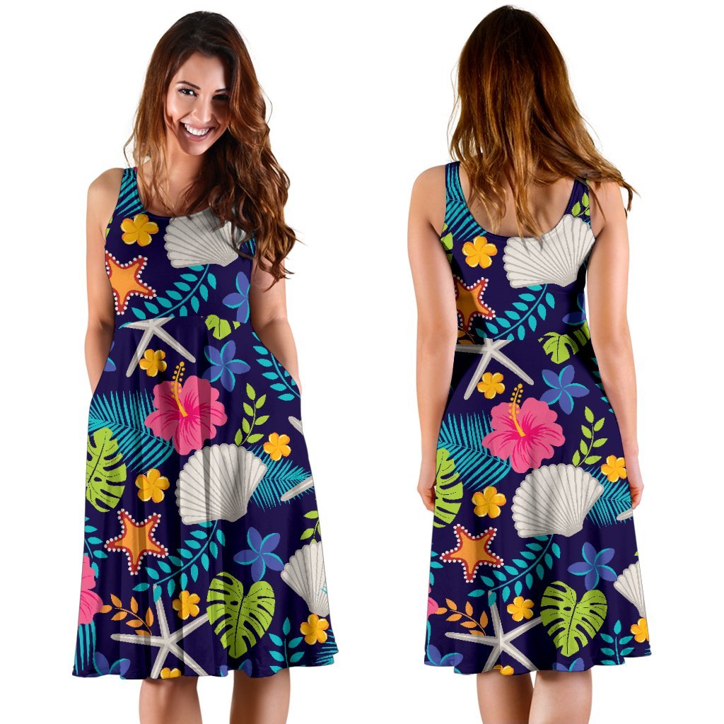 Beach Seashell Floral Theme Sleeveless Dress