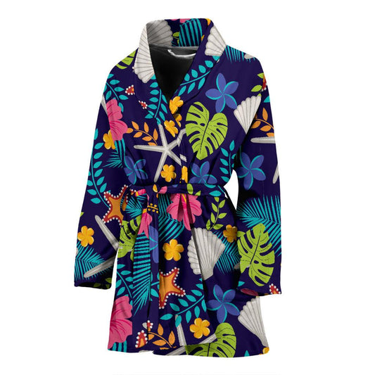 Beach Seashell Floral Theme Women Bath Robe-JTAMIGO.COM