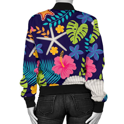 Beach Seashell Floral Theme Women Casual Bomber Jacket