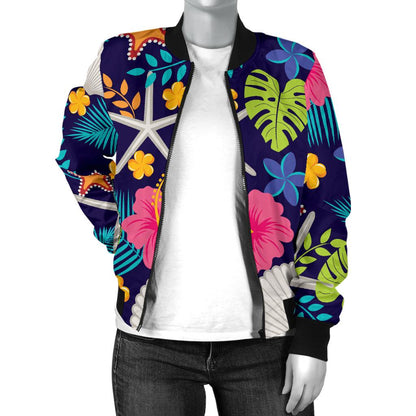 Beach Seashell Floral Theme Women Casual Bomber Jacket