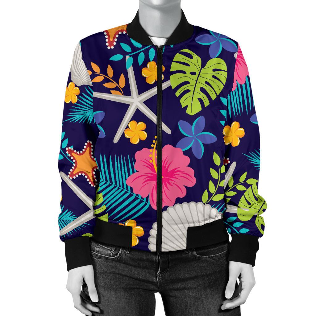 Beach Seashell Floral Theme Women Casual Bomber Jacket