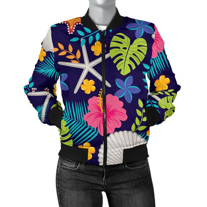 Beach Seashell Floral Theme Women Casual Bomber Jacket