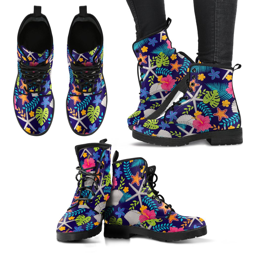 Beach Seashell Floral Theme Women Leather Boots-JTAMIGO.COM